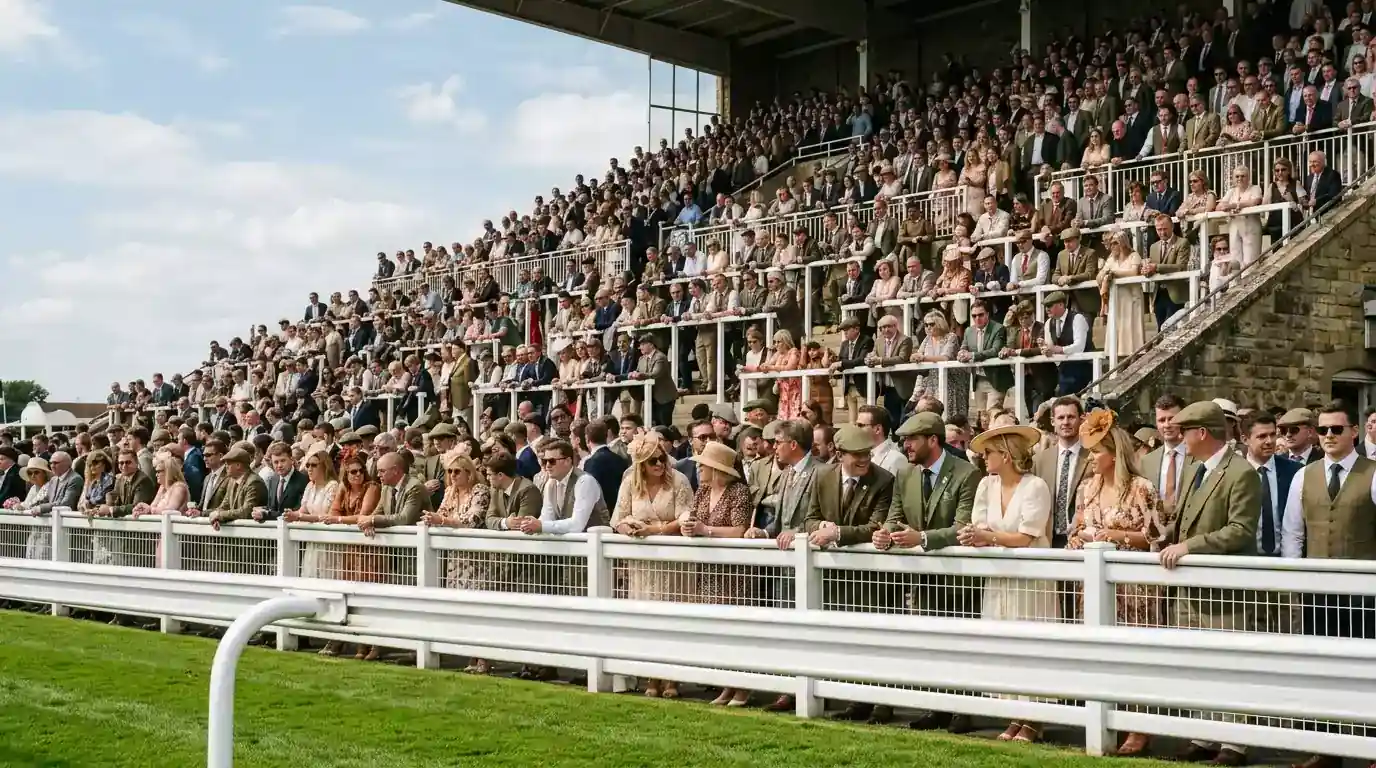 Packed grandstand crowd watching British flat racing on a clear afternoon