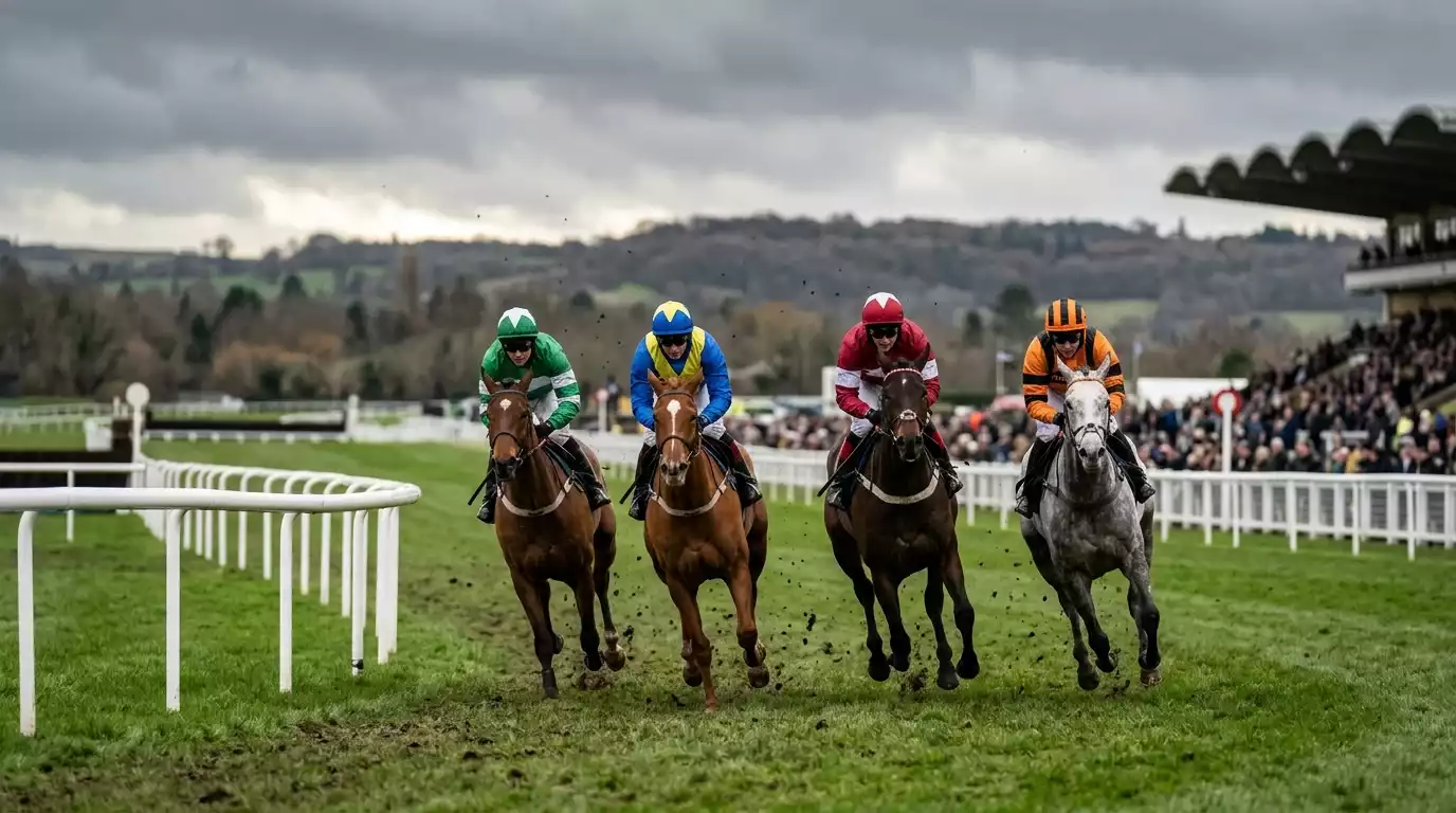 Runners rounding the final bend at a British racecourse under grey winter light