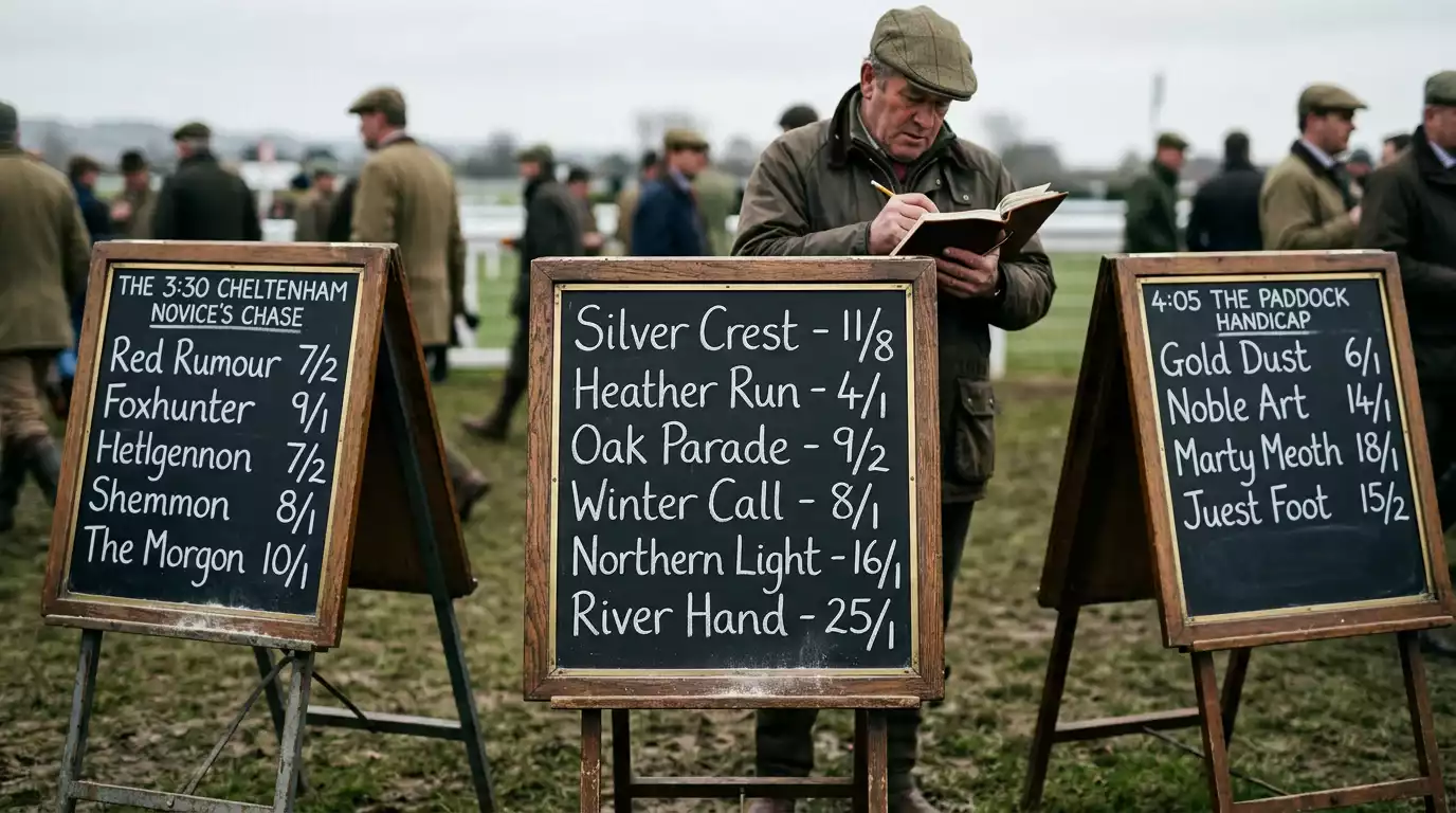 On-course bookmaker boards at a UK racecourse showing fractional odds such as 4/1 and 11/8